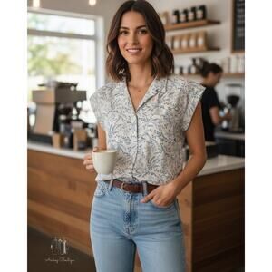 Jachs Girlfriend Women’s Cap Sleeve Blouse‎ - White/Blue (Size XS) (X0482)